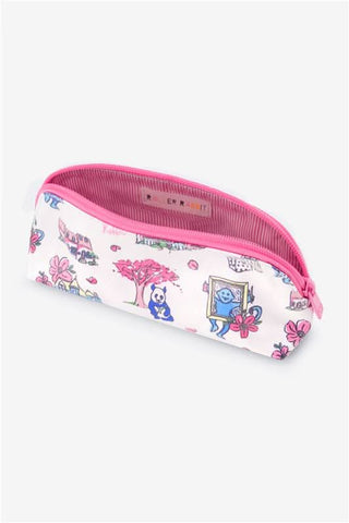 The Georgetown Monkey Makeup Bag by Roller Rabbit is a white cotton canvas pouch with a pink zipper, decorated with colorful houses, trees, flowers, and playful animal illustrations.