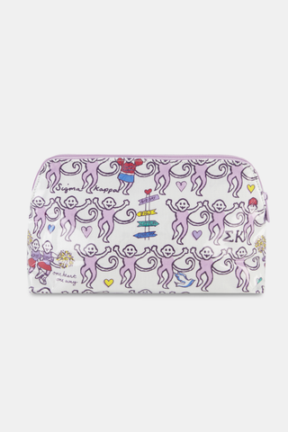 The Sigma Kappa Monkey Makeup Bag by Roller Rabbit is a large white zippered pouch with purple trim, featuring playful purple monkeys, yellow hearts, colorful symbols, and Sigma Kappa text. This spacious makeup bag makes a cute sorority gift and offers plenty of room for all your essentials.
