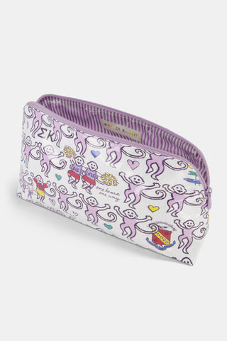 The Sigma Kappa Monkey Makeup Bag by Roller Rabbit is a large white zippered pouch with purple trim, featuring playful purple monkeys, yellow hearts, colorful symbols, and Sigma Kappa text. This spacious makeup bag makes a cute sorority gift and offers plenty of room for all your essentials.