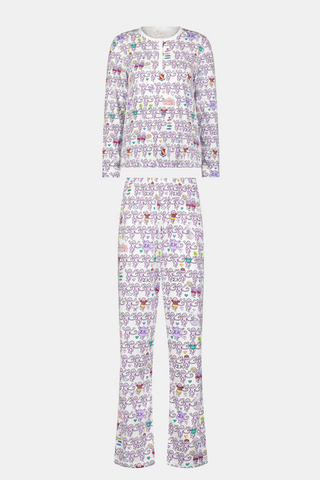 The Sigma Kappa Monkey Pajamas by Roller Rabbit is a long-sleeve set featuring a buttoned top and comfortable elastic waist, decorated with an all-over pattern of colorful cartoon monkey faces on a white background.