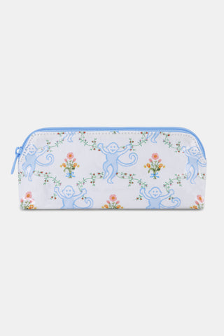 The Roller Rabbit Floral Monkey Trellis Makeup Bag is a limited edition white pouch with a light blue zipper, decorated with smiling blue monkeys and colorful flowers.