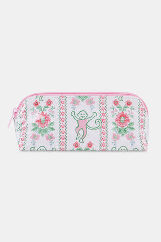 The Roller Rabbit Monkey Block Stripe Makeup Bag is a white zippered pouch with pink trim, decorated with playful pink and green flowers, hearts, and monkeys for a whimsical touch.