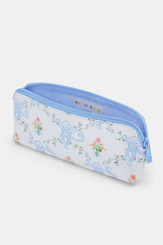 The Roller Rabbit Floral Monkey Trellis Makeup Bag is a limited edition white pouch with a light blue zipper, decorated with smiling blue monkeys and colorful flowers.