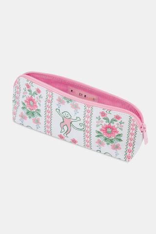 The Roller Rabbit Monkey Block Stripe Makeup Bag is a white zippered pouch with pink trim, decorated with playful pink and green flowers, hearts, and monkeys for a whimsical touch.