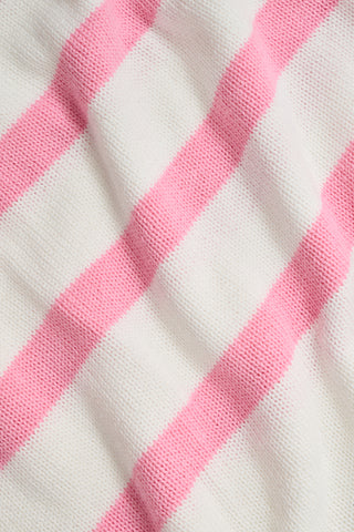 The Roller Rabbit Striped Rocio Sweater is a white long-sleeve cotton sweater with light pink horizontal stripes, featuring a wide collared V-neck and ribbed hem and cuffs. The sweater is shown against a plain white background.
