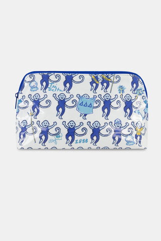 The Roller Rabbit Tri Delta Monkey Makeup Bag is a white zip pouch crafted from cotton canvas and finished with a protective, easy-to-clean coating. It features blue cartoon monkeys—some holding flags or signs—alongside “Tri Delta 1888” text in blue, all arranged in a playful repeating pattern across the bag.