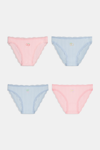 The Roller Rabbit Fruits Embroidery Bikini 4 Pack features four ribbed girls' panties—two pink, two light blue—made from soft Pima cotton with delicate lace trim and playful embroidered fruits for a retro touch.