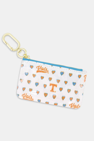 Keep your essentials handy with the Tennessee Hearts Coin Pouch by STREET SMART—a white zippered pouch featuring a blue and orange heart pattern, orange Vols and T logos, and a gold carabiner clip on the corner—perfect for any Tennessee student to attach to their backpack.
