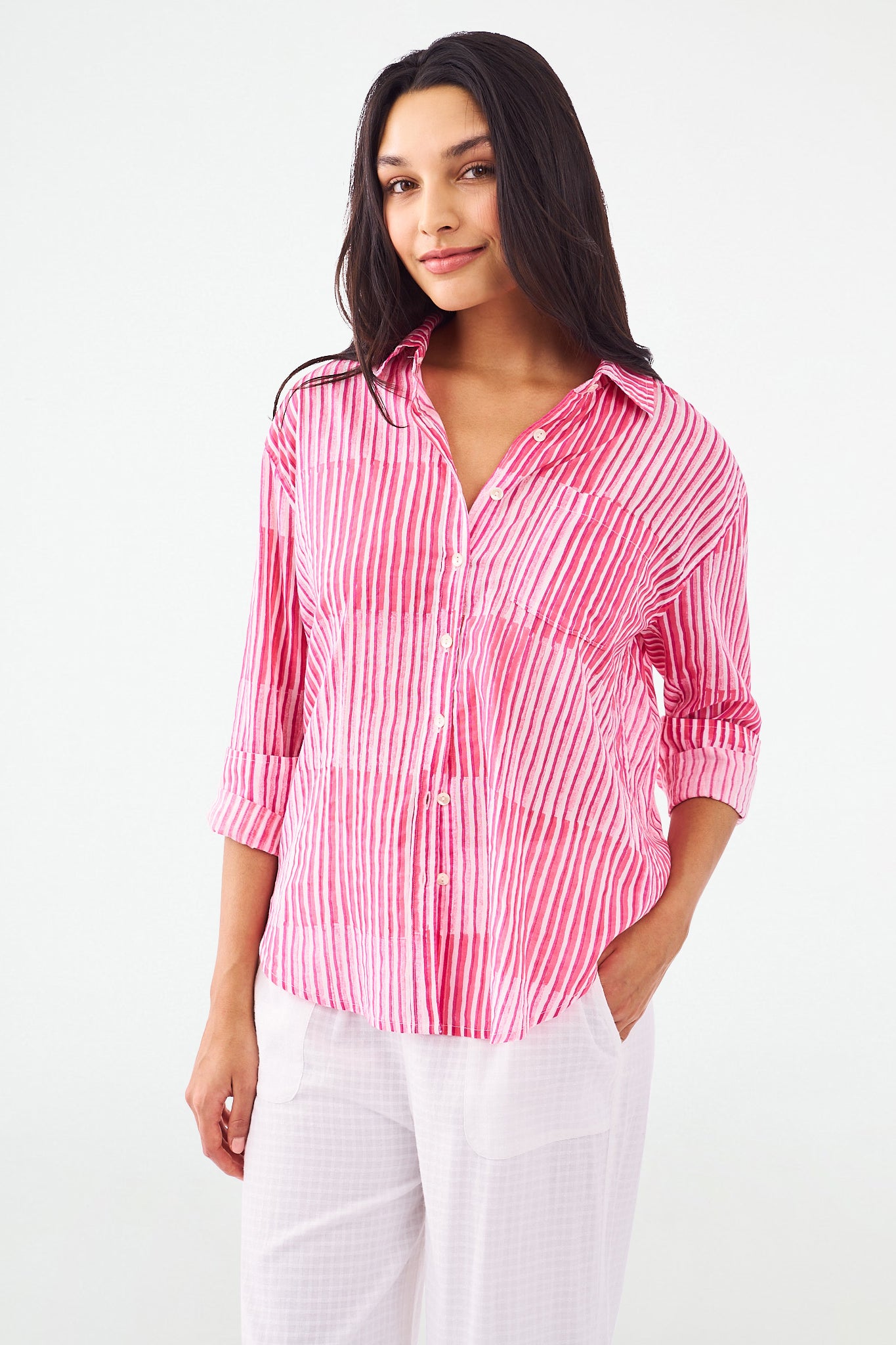 Roller Rabbit Checkerboard Stripe Boyfriend Shirt Pink