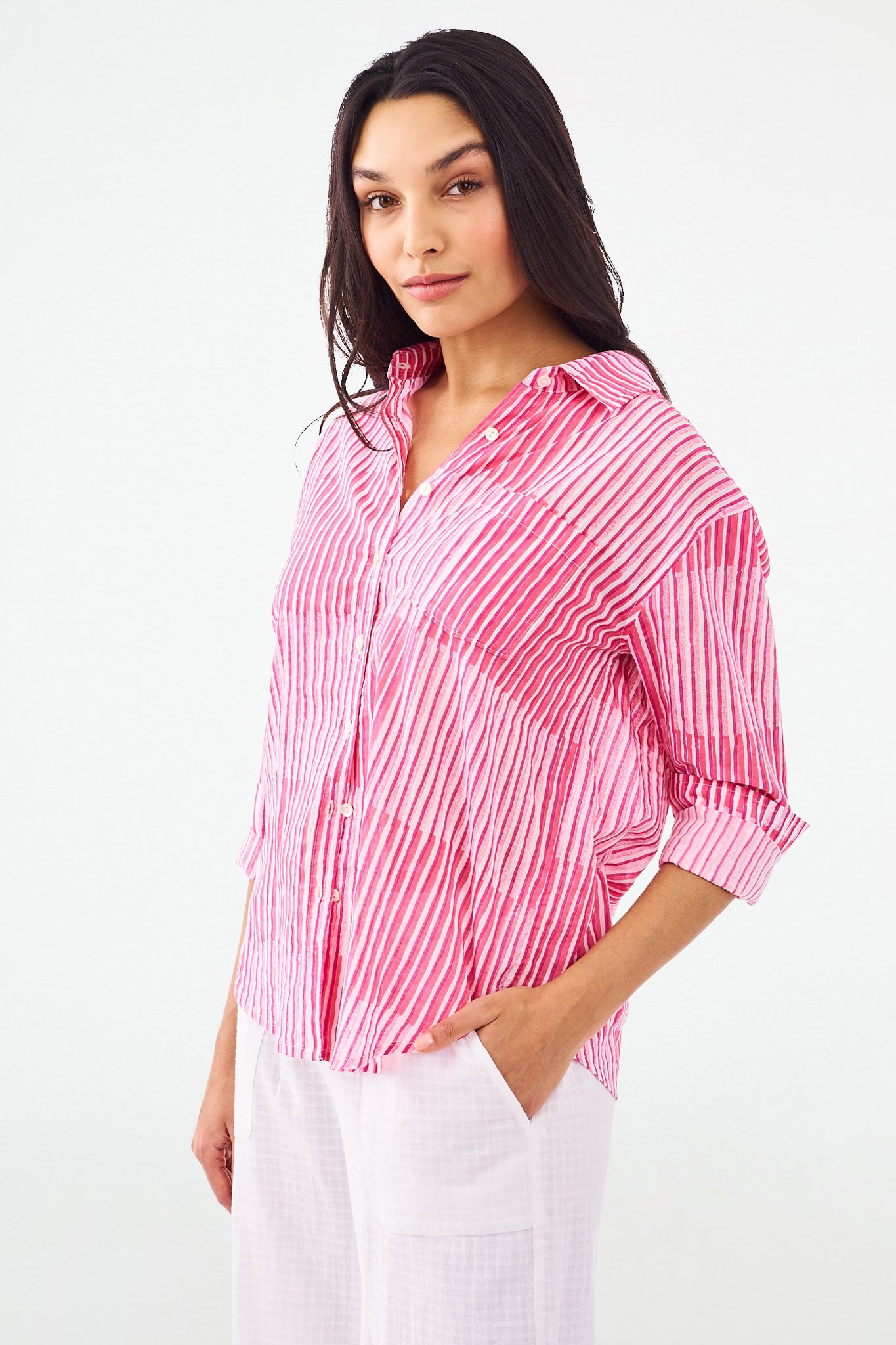 Roller Rabbit Checkerboard Stripe Boyfriend Shirt Pink view 4