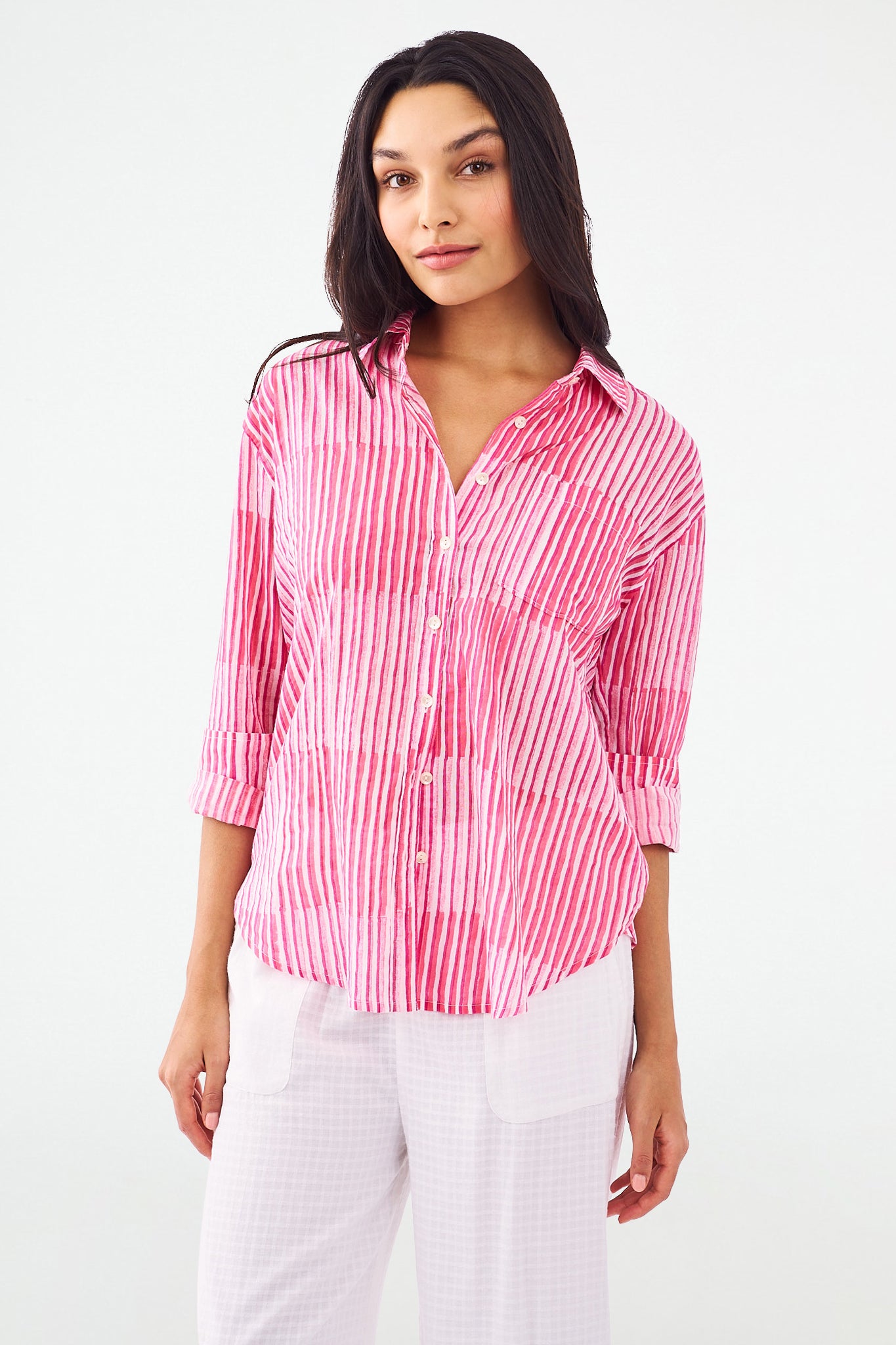 Roller Rabbit Checkerboard Stripe Boyfriend Shirt Pink