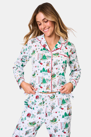 ROLLER RABBIT GREEN SNOW VILLAGE LONG SLEEVE POLO PAJAMAS