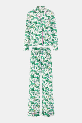 Roller Rabbit Green Ski Toile Long Sleeve Polo Pajamas