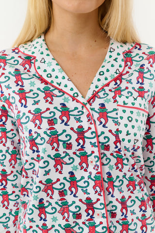 Roller Rabbit Green Monkey Mas Patchwork Long Sleeve Polo Pajamas