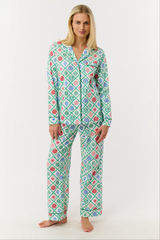 Roller Rabbit Green Ornament Trellis Long Sleeve Polo Pajamas