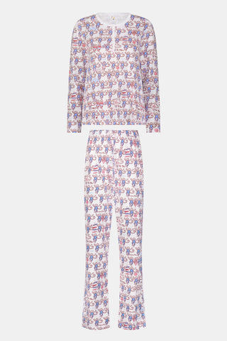 The Roller Rabbit Pi Beta Phi Monkey Pajamas are a long-sleeve set featuring a Henley top and pants, both adorned with a repeating red and blue monkey print on a white background. Made from soft Pima cotton, these pajamas are lightweight and comfortable.