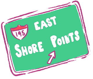 Green highway sign with a red and white shield labeled 195, reading East Shore Points with an arrow pointing right and upward, accented in pink.