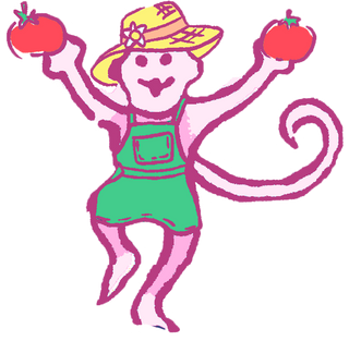 Cartoon monkey wearing a yellow hat and green overalls, smiling and holding a fresh tomato in each hand.