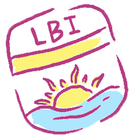 A hand-drawn badge featuring LBI at the top, a yellow horizontal stripe, and a sun rising over blue waves at the bottom. The design incorporates pink, yellow, and blue for a playful look.
