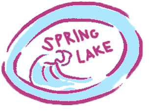A hand-drawn logo with the words Spring Lake in pink, surrounded by blue and pink ovals, featuring a stylized wave on the left side for a fresh look.