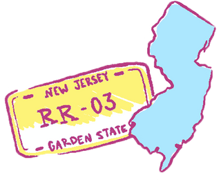A yellow New Jersey license plate labeled “RR-03” overlaps a blue outline map of New Jersey. Featuring the words “NEW JERSEY” and “GARDEN STATE” written on the plate in pink and purple, this design showcases classic state pride.