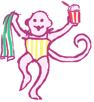 A cartoon monkey in a yellow striped swimsuit holds a green towel in one hand and a cup of ice cream in the other, smiling and posing playfully.