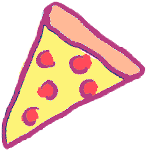 A simple drawing of a slice of pizza with a thick crust and five red pepperoni slices on yellow cheese, outlined in purple, features a playful style.