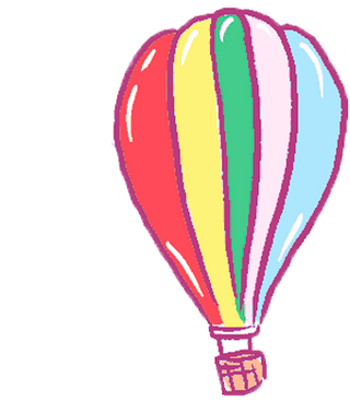 Colorful hand-drawn hot air balloon with vibrant red, yellow, green, pink, and blue vertical stripes, and a brown basket, drifting gently across a light background.