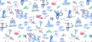 Whimsical pattern featuring monkeys, lighthouses, bikes, boats, houses, flowers, shells, and Martha's Vineyard signs in a blue, red, and purple watercolor style on a white background. This playful design captures the spirit of Martha’s Vineyard.
