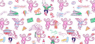 Cartoon pink monkeys dance among New Jersey-themed icons, including pizza, a hot dog, a ferris wheel, the boardwalk, a camel, hot air balloon, lighthouses, and state signs, all set against a playful white background.