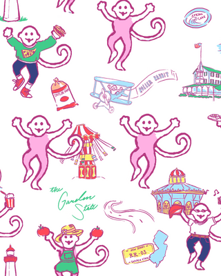 Pattern of smiling pink monkeys in various costumes and New Jersey-themed items, including a state map, license plate, tomatoes, a biplane, buildings, and beach references paired with playful accents—all on a white background.