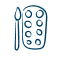 A simple blue line drawing of a paintbrush next to a rectangular paint palette with eight circular watercolor paint wells.