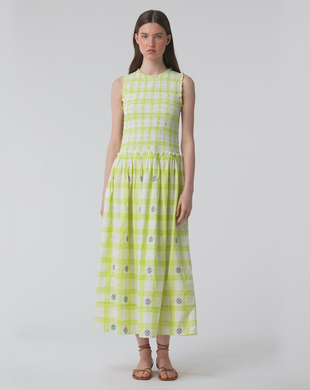 Roller Rabbit Lime Sun Check Blossom Embroidery Emma Dress