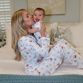 Woman and baby in the Roller Rabbit Long Weekend Collection