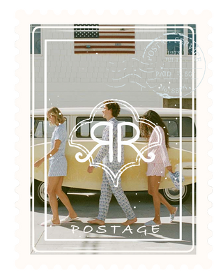 Vintage-style photo of three people walking with a car in the background, featuring the 'AR Postage' logo.